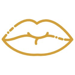 Gold line drawing of lips on a solid background.