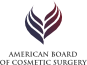 Logo of the american board of cosmetic surgery consisting of an abstract design resembling a shield with maroon and purple colors, accompanied by the organization’s name.